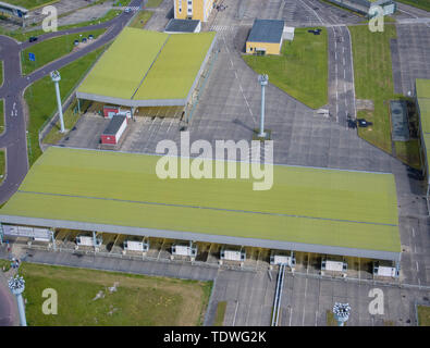 Marienborn, Deutschland. 31. Mai, 2019. Die Gedenkstätte Deutsche Teilung Marienborn. Die ehemaligen Grenzübergang war die größte und wichtigste Checkpoint an der innerdeutschen Grenze und war vor allem für den Transitverkehr nach West Berlin. 1974 eröffnet und umfasst 10.000 Quadratmeter, die abgedeckten Prüfpunkte des ehemaligen LKW-, PKW-, Veterinär- und Zollbehörden Checkpoints sind jetzt Teil der Gedenkstätte. Credit: Jens Büttner/dpa-Zentralbild/ZB/dpa/Alamy leben Nachrichten Stockfoto