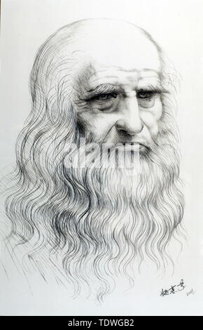 (190619) - NANJING, Juni 19, 2019 (Xinhua) - Foto 2016 zeigt elf des Suzhou Stickerei Portrait von Leonardo da Vinci" von Yao Huifen. Suzhou Stickerei, einer der vier berühmtesten Stickereien in China, in Suzhou entstanden und hat eine Geschichte von mehr als 2.000 Jahren. Für die elegante Muster bekannt, künstlerische Gestaltung, feine Handarbeit und abwechslungsreiche Stiche, es war, als eine nationale Das immaterielle Kulturerbe Chinas im Jahr 2006 aufgeführt. Yao Huifen, repräsentatives Erbe der Fertigkeit, in Suzhou wurde 1967 in eine Familie von Stickerei geboren. Beeinflusst von ihren Großeltern und Eltern Stockfoto