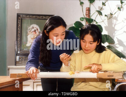 (190619) - NANJING, Juni 19, 2019 (Xinhua) - Foto im Jahr 2000 zeigt Yao Huifen (L) und Yao Huiqin bei der Arbeit berücksichtigt. Suzhou Stickerei, einer der vier berühmtesten Stickereien in China, in Suzhou entstanden und hat eine Geschichte von mehr als 2.000 Jahren. Für die elegante Muster bekannt, künstlerische Gestaltung, feine Handarbeit und abwechslungsreiche Stiche, es war, als eine nationale Das immaterielle Kulturerbe Chinas im Jahr 2006 aufgeführt. Yao Huifen, repräsentatives Erbe der Fertigkeit, in Suzhou wurde 1967 in eine Familie von Stickerei geboren. Beeinflusst von ihren Großeltern und Eltern da junge, verliebte sie sich mit der Stockfoto