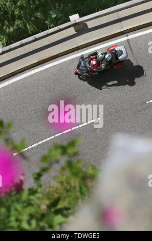 Bad Hindelang, Deutschland. Juni, 2019 19. Ein Motorrad fährt unter Blumen über den Jochpass. Im Sommer ist die 106 Kurve pass mit einer Höhe von 300 m ist eine beliebte Strecke für Motorradfahrer. Foto: Karl-Josef Hildenbrand/dpa/Alamy leben Nachrichten Stockfoto