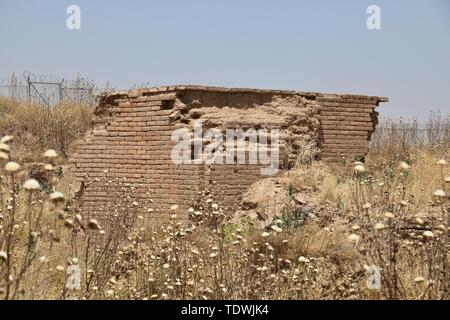 (190619) - NIMRUD (Irak), 19. Juni 2019 (Xinhua) - Das Foto am 13. Juni 2019 zeigt eine zerstörte Tempel in der archäologischen Stätte von Nimrud, Irak genommen. Mit einer dicken Schicht von wildes Unkraut bedeckt, massive Zerstörung der alten Paläste, Tempel und ziggurat Links keine Anzeichen für glorreiche archäologische Stätte des Irak von Nimrud nach fast drei Jahren der Befreiung vom islamischen Staat (IST). (Xinhua) ZU GEHEN, mit Feature: Irakische archäologische Stätte liegt in Trümmern nach fast 3 Jahren der Befreiung von IST Stockfoto