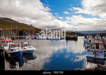 Angeln Kutter im Hafen, Island, Borgarfjoerdur Stockfoto