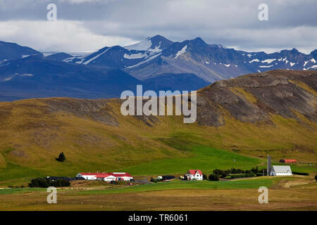 Bauernhaus vor Bergen, Island, South Island, Seljaland Stockfoto