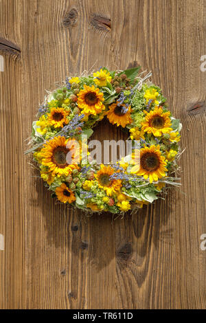 Gemeinsame Sonnenblume (Helianthus annuus), Flower Garland mit Sonnenblumen und Lavendel Stockfoto