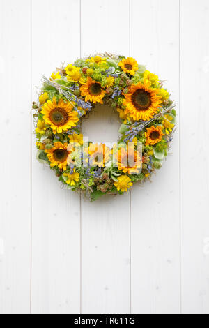 Gemeinsame Sonnenblume (Helianthus annuus), Flower Garland mit Sonnenblumen und Lavendel Stockfoto