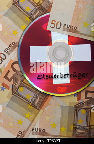 CD mit Suisse Kreuz, lable Steuersuender, Tax evader, und Euro-scheine, Suisse Bankkonto, Schweiz Stockfoto
