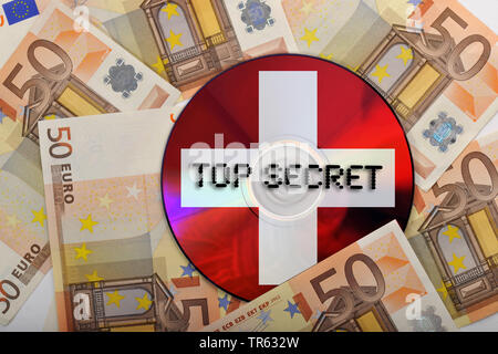 CD mit Suisse Kreuz, lable Top Secret, und Euro-scheine, Suisse Bankkonto, Schweiz Stockfoto