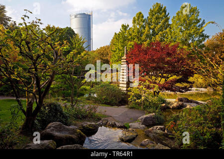 Japanischer Garten und Post Tower, Rheinaue, Deutschland, Nordrhein-Westfalen, Bonn Stockfoto