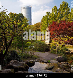 Japanischer Garten und Post Tower, Rheinaue, Deutschland, Nordrhein-Westfalen, Bonn Stockfoto