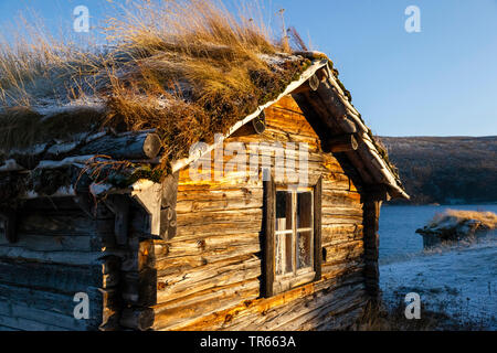 Holzhütte in Utsjoki, Utsjoen kirkkotuvat, Finnland, Lappland Stockfoto