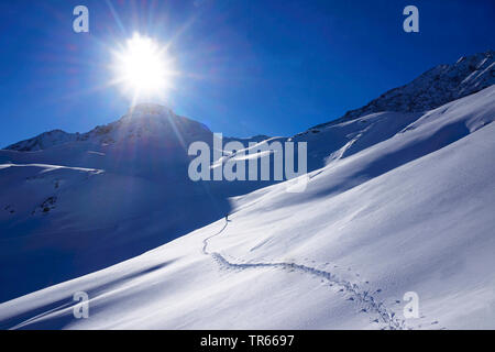 Skitouren Spuren in den Schnee zu Pointe de la Sana in Hintergrundbeleuchtung, Frankreich, Savoie, Val d Isere Stockfoto