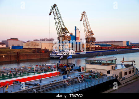 Frachtschiffe und Krane in den Binnenhafen Duisburg, Deutschland, Nordrhein-Westfalen, Ruhrgebiet, Duisburg Stockfoto