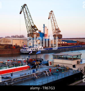 Frachtschiffe und Krane in den Binnenhafen Duisburg, Deutschland, Nordrhein-Westfalen, Ruhrgebiet, Duisburg Stockfoto