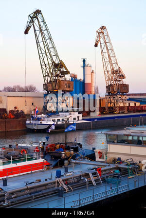 Frachtschiffe und Krane in den Binnenhafen Duisburg, Deutschland, Nordrhein-Westfalen, Ruhrgebiet, Duisburg Stockfoto