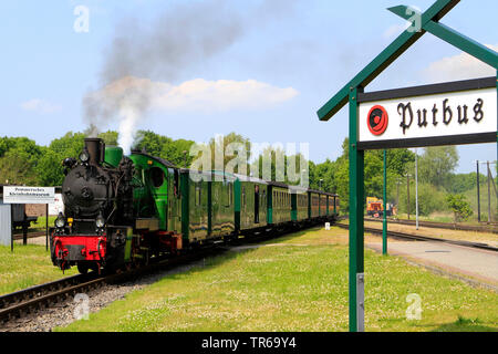 Dampflokomotive Rasender Roland am Bahnhof Putbus, Deutschland, Mecklenburg-Vorpommern, Rügen, Putbus Stockfoto