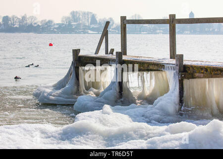 Seltsam geformte Sahnehäubchen auf einem Badesteg nach dem Winter Storm, Deutschland, Bayern, Chiemsee Stockfoto