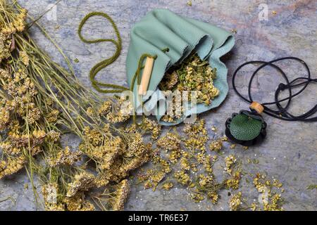 Schafgarbe, gemeinsame Schafgarbe (Achillea millefolium), selbstgemacht Medizin Beutel, Deutschland Stockfoto