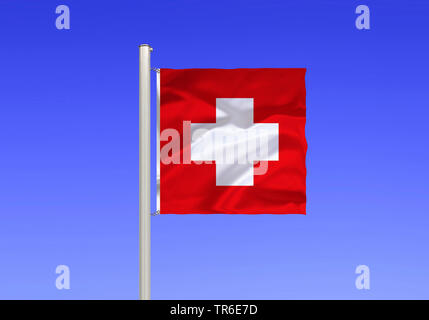 Flagge von Suisse gegen den blauen Himmel, Schweiz Stockfoto