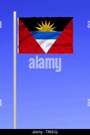 Flagge von Antigua und Barbuda gegen den blauen Himmel, Antigua und Barbuda Stockfoto