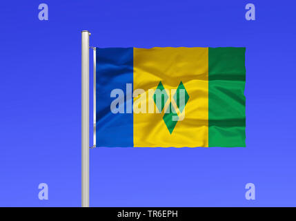 Flagge von Saint Vincent und die Grenadinen gegen den blauen Himmel, Saint Vincent und die Grenadinen Stockfoto