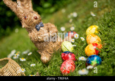 Osterhase und Ostereier auf Rasen, Deutschland Stockfoto