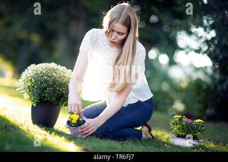 Junge blonde Frau sitzt mit Astern auf einem Rasen, Deutschland Stockfoto