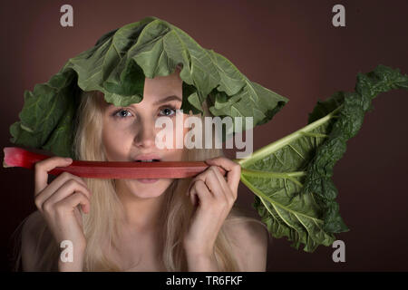 Rhabarber (Rheum rhabarbarum), junge Frau mit Rhabarber Blatt auf den Kopf beißen in einem Rhabarber stammt, Deutschland Stockfoto