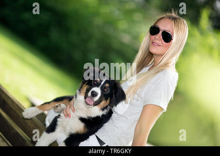 Australian Shepherd (Canis lupus f. familiaris), blonde Frau mit ein Welpe auf dem Schoß, Deutschland Stockfoto