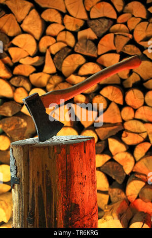 Ax auf einem hackklotz, Deutschland Stockfoto