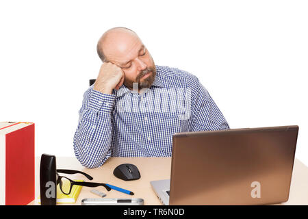 Mann mit Bart am Schreibtisch mit Laptop, Ausschnitt sitzen, Deutschland Stockfoto