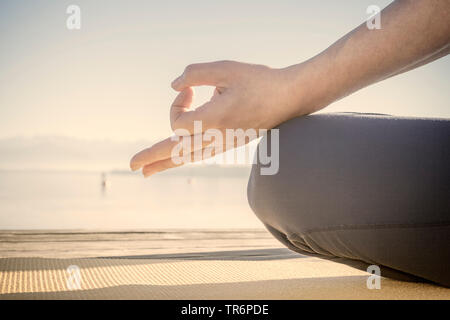 Frau Yoga Übungen an einem See, Hand, Deutschland, Bayern Stockfoto