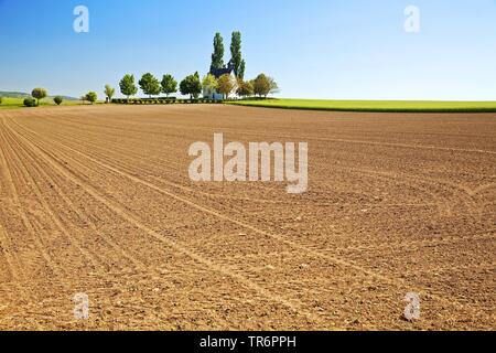 Feld Landschaft mit kleinen Kapelle Heilig-Kreuz-Kapelle, Deutschland, Rheinland-Pfalz, Eifel, Mertloch Stockfoto