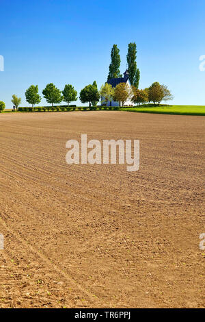 Feld Landschaft mit kleinen Kapelle Heilig-Kreuz-Kapelle, Deutschland, Rheinland-Pfalz, Eifel, Mertloch Stockfoto