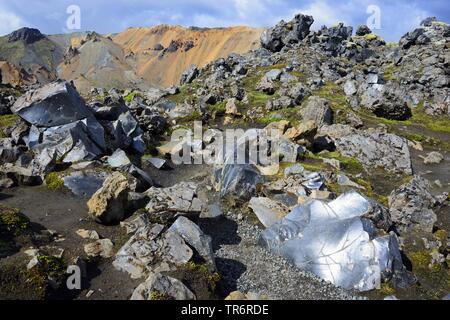 Lava Glas, Obsidian, Laugahraun, Island, Landmannalaugar, Fjallabak Nationalpark Stockfoto