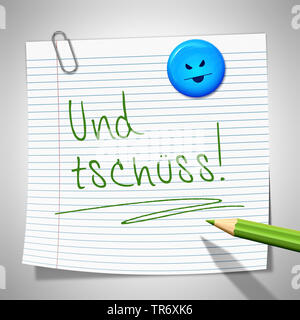 3D Computer Grafik, Memo in der Farbe Weiß mit Smiley lesen und SCHUESS (BYE BYE) Stockfoto