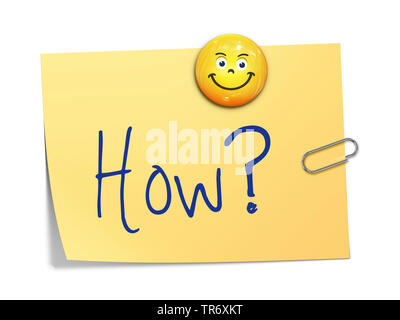 3D Computer Grafik, Memo in der Farbe Gelb mit Smiley lesen Wie? Stockfoto