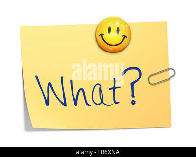 3D Computer Grafik, Memo in der Farbe Gelb mit Smiley lesen, was? Stockfoto