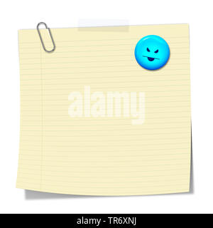 3D Computer Grafik, Memo in der Farbe Gelb mit Smiley ohne Text Stockfoto