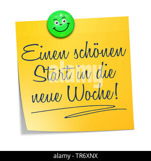 3D Computer Grafik, Memo in der Farbe Gelb mit Smiley lesen einen SCHOeNEN START IN DIE NEUE WOCHE! Stockfoto