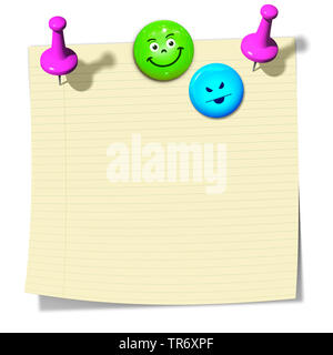 3D Computer Grafik, Memo in der Farbe Gelb mit Smiley ohne Text Stockfoto