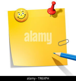 3D Computer Grafik, Memo in der Farbe Gelb mit Smiley ohne Text Stockfoto