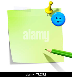 3D Computer Grafik, Memo in grüner Farbe mit Smiley ohne Text Stockfoto