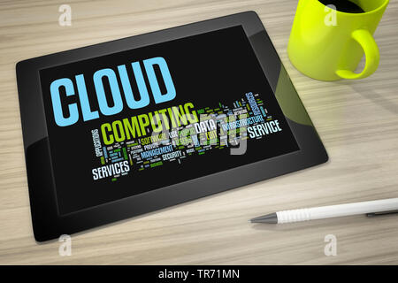 3D Computer Grafik, Tablet Computer Schriftzug text CLOUD COMPUTING auf dem Display Stockfoto