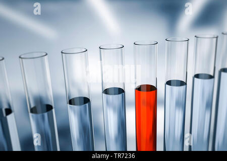 3D Computer Grafik, symbolische Röhrchen mit Transparenten und roten Flüssigkeiten gefüllt Stockfoto