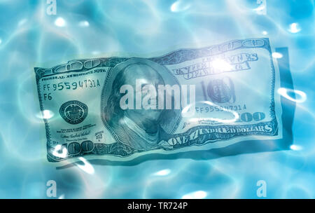 3D Computer Grafik, 100 Dollar Bill auf der Unterseite eines Pool angezeigt Stockfoto