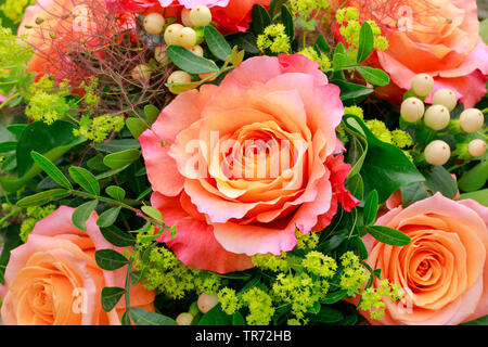 Blumenstrauß mit Rosen und ladys-Mantel Stockfoto