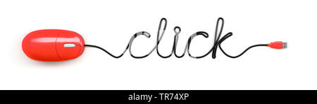 3D-Computergrafik, Computer Maus in roter Farbe mit dem Wort klicken durch das Kabel dargestellt Stockfoto
