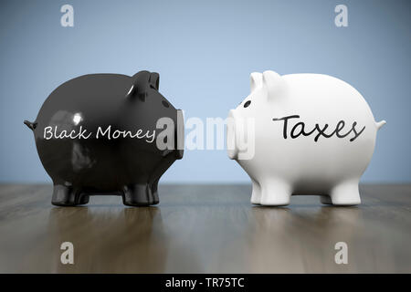 Zwei Spardosen mit den Begriffen schwarze Geld und Steuern Stockfoto