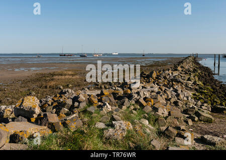 Segelboote und Fähre am Wattenmeer, Niederlande, Schiermonnikoog Stockfoto