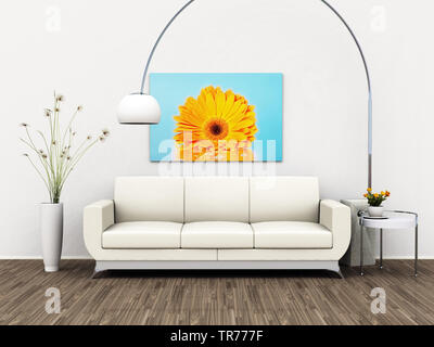 3D Computer Grafik, Innenarchitektur mit leder Sofa in der Farbe Weiß gegen eine weiße Wand Stockfoto